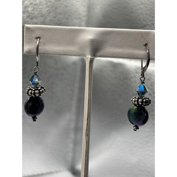 Silver 925 Earrings Iridescent Coin Pearl Drops & Aurora Borealis Beads Elegant - Picture 5 of 6